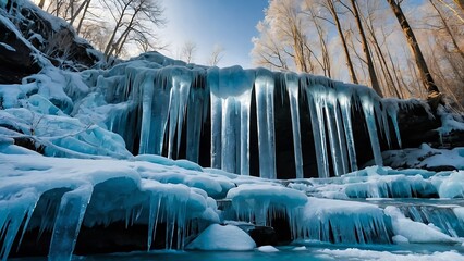 Frozen waterfall in winter forest. Beautiful landscape with icicles.