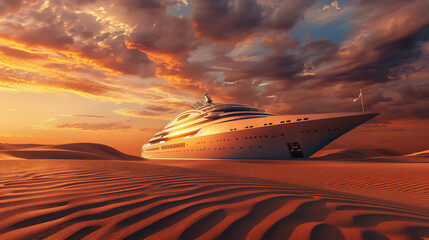 Luxury futuristic cruise ship stuck on the desert at sunset
