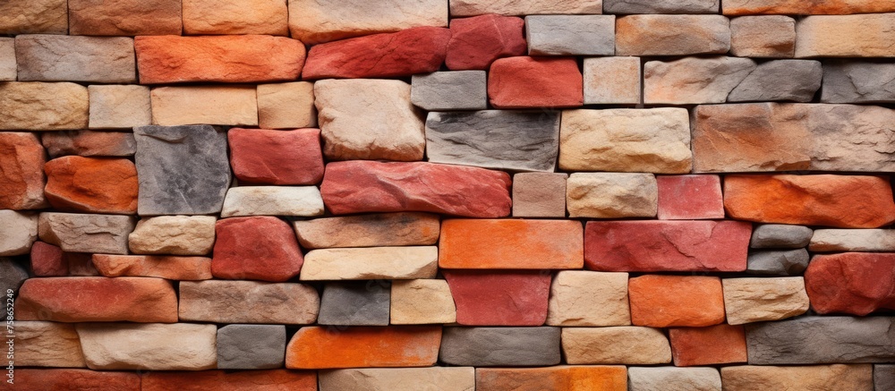 Poster a close up of a brown brick wall with different colored bricks in rectangular shapes. the combinatio