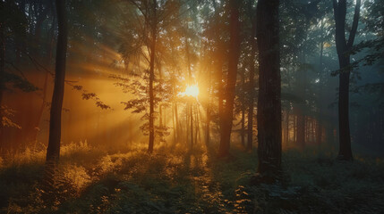 A tranquil forest scene with sunbeams piercing through towering trees and a misty atmosphere, illuminating the lush undergrowth and casting a warm glow over the woodland. - obrazy, fototapety, plakaty