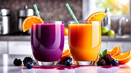Vibrant smoothies with fresh fruit garnish on a reflective surface.