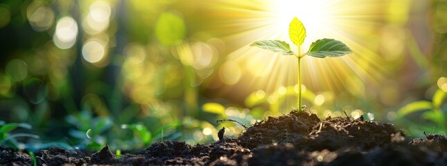 A young plant sprout is growing in soil with morning sunlight. The background banner depicts a nature scene, resembling the style of a copy space concept for environment protection