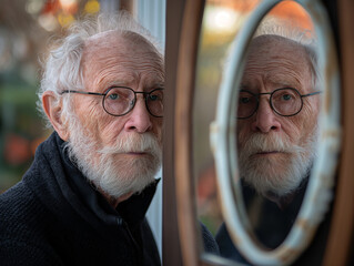 Älterer Mann mit vielen Falten schaut in Spiegel mit Spiegelbild, ai generativ - obrazy, fototapety, plakaty