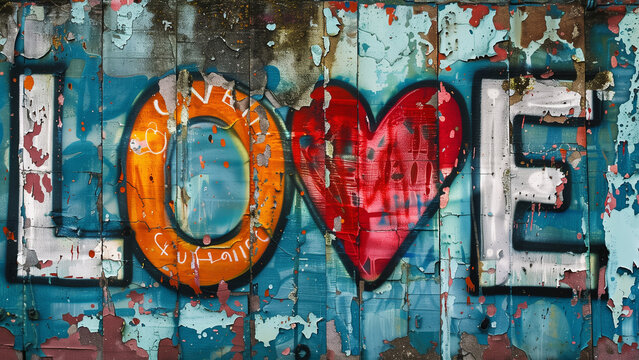 The old wall, painted in different colors, with the word love