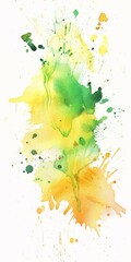 A vibrant splash of green and yellow watercolors explodes with energy against a crisp white canvas, embodying the lively essence of spring.