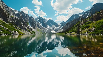 Fototapeta na wymiar Majestic Mountain Ranges Embracing a Serene Lake: Nature's Grandeur Reflecting in Tranquil Waters