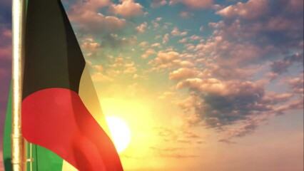 Kuwait waving flag on beautiful sunset background