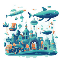 Bustling underwater city with characters using submarine