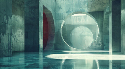 Fototapeta premium Abstract image of a futuristic structure with a large circular object in the center of an architectural environment with reflective surfaces and water on the floor.