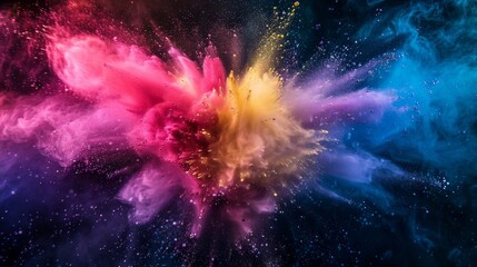 Colored powder explosion, A colorful, multi-colored background with a lot of small dots. The background is a mix of blue, red, and yellow - obrazy, fototapety, plakaty
