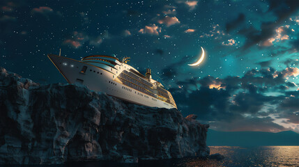 cruise ship stuck on the edge of rock cliff in the night