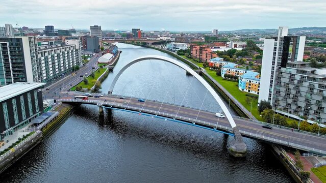Aerial view of auditorium purpose-built venue, Glasgow's iconic building with its stylish curves by the River Clyde. Scottish Event Campus, Clyde Arc Bridge and SEC Armadillo, in Glasgow, Scotland. 