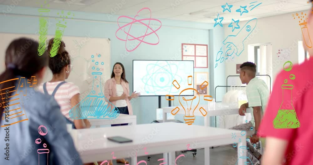 Poster animation of icons and data processing over diverse students at school