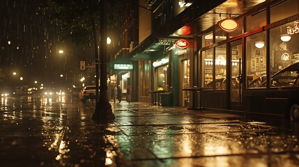 Rain-Soaked City Streets at Night with Reflecting Lights: Urban Glitter Amidst Nature's Shower.