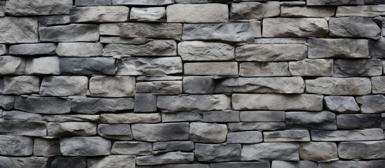 Obraz premium A close up of a brick wall showcasing a mix of brown and grey bricks. The brickwork forms a pattern of rectangular shapes, revealing a sturdy building material made of stone and composite materials