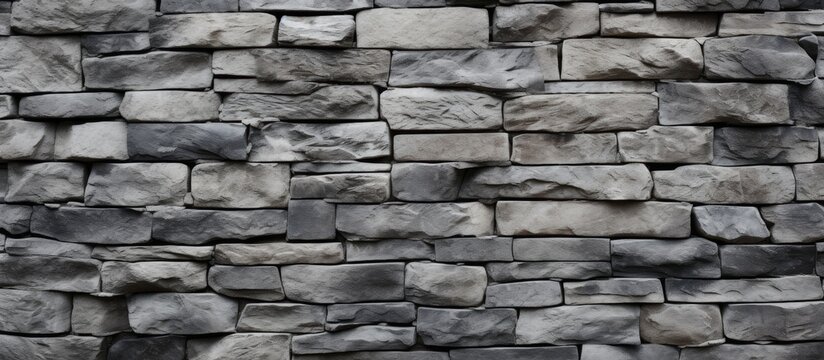 Fototapeta A close up of a brick wall showcasing a mix of brown and grey bricks. The brickwork forms a pattern of rectangular shapes, revealing a sturdy building material made of stone and composite materials