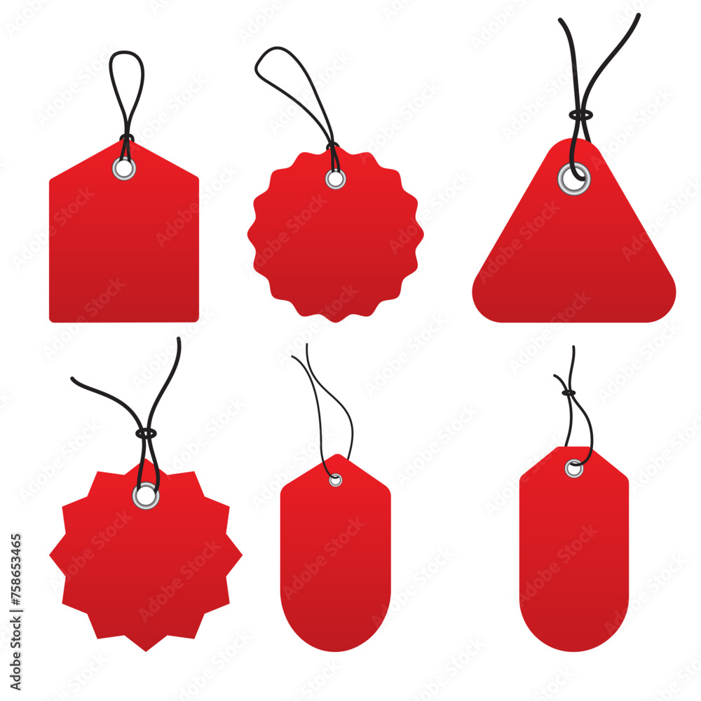 Aufkleber set of price tags. set of blank price tags or sales tags in different shapes. red set of label and g