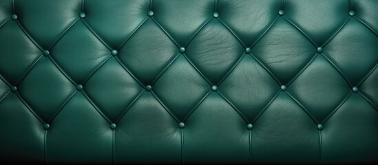 A closeup of a green tufted leather couch with a pattern resembling wire fencing and chainlink fencing. The color is reminiscent of electric blue automotive lighting