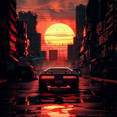 Dark mood poster in cyberpunk 2077 style, with Matrix illustration and retro cyberpunk city background and retro sunshine, in pink and red shades. T-shirt print. - obrazy, fototapety, plakaty