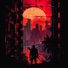 Dark mood poster in cyberpunk 2077 style, with Matrix illustration and retro cyberpunk city background and retro sunshine, in pink and red shades. T-shirt print. - obrazy, fototapety, plakaty