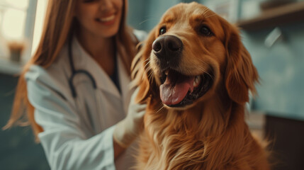 A cheerful Golden Retriever is being examined by a smiling female veterinary professional in a clinic environment. The dog appears happy and healthy, with a shiny coat and a tongue out.
