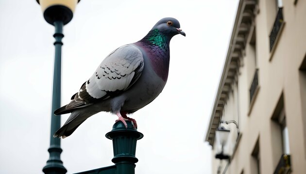 A Pigeon Perched On A City Streetlamp