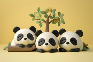 Naklejka premium Blind Box Toy Pandas Peacefully Resting Under Tree in Minimalist Design