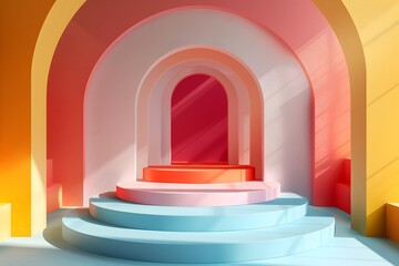 Vibrant Stage Design with Colorful Arches and Podiums for Product Displays