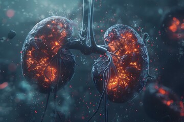 Glowing Particles in 3D Rendering of Human Kidney Reveal Nephritis Virus and Deteriorating Health Condition - obrazy, fototapety, plakaty
