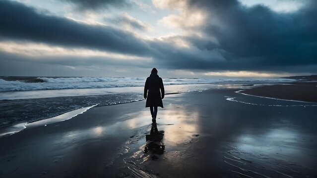 Silhouette of a woman walking along the beach on a stormy day