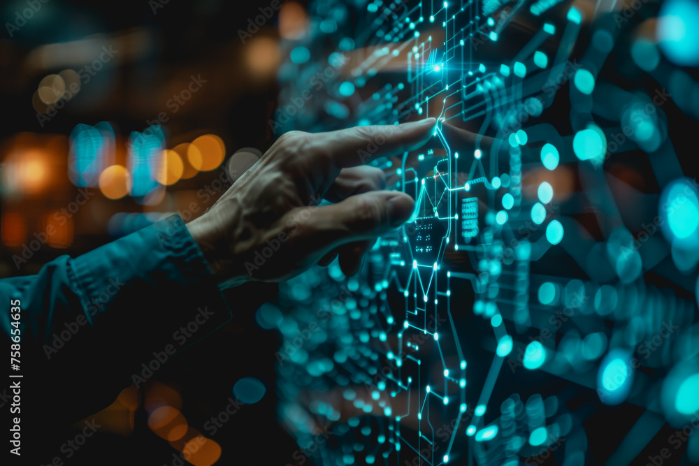 Aufkleber a businessman uses a touch to interact with a neural network abstract technology.
