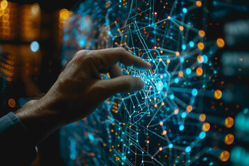 A businessman uses a touch to interact with a neural network abstract technology.