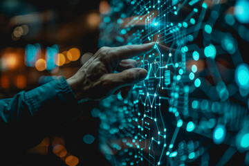 A businessman uses a touch to interact with a neural network abstract technology.