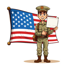 Cartoon American Army Man with Flag and Parchment 