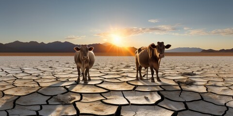 Amidst the summer heat, cows traverse a dry field, searching for patches of green amidst the arid landscape.