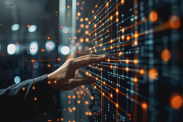 A businessman uses a touch to interact with a neural network abstract technology.