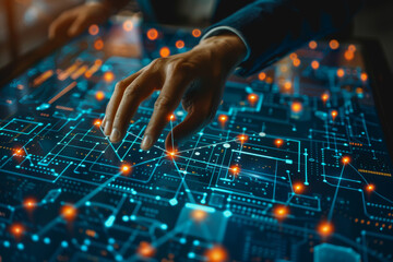 A businessman uses a touch to interact with a neural network abstract technology.
