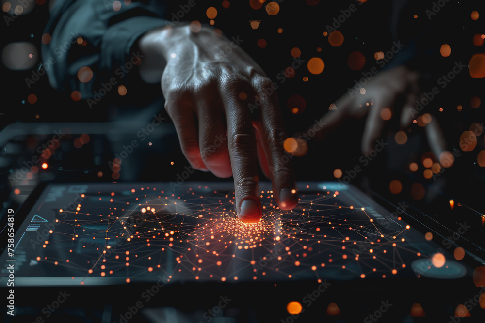 Poster a businessman uses a touch to interact with a neural network abstract technology.