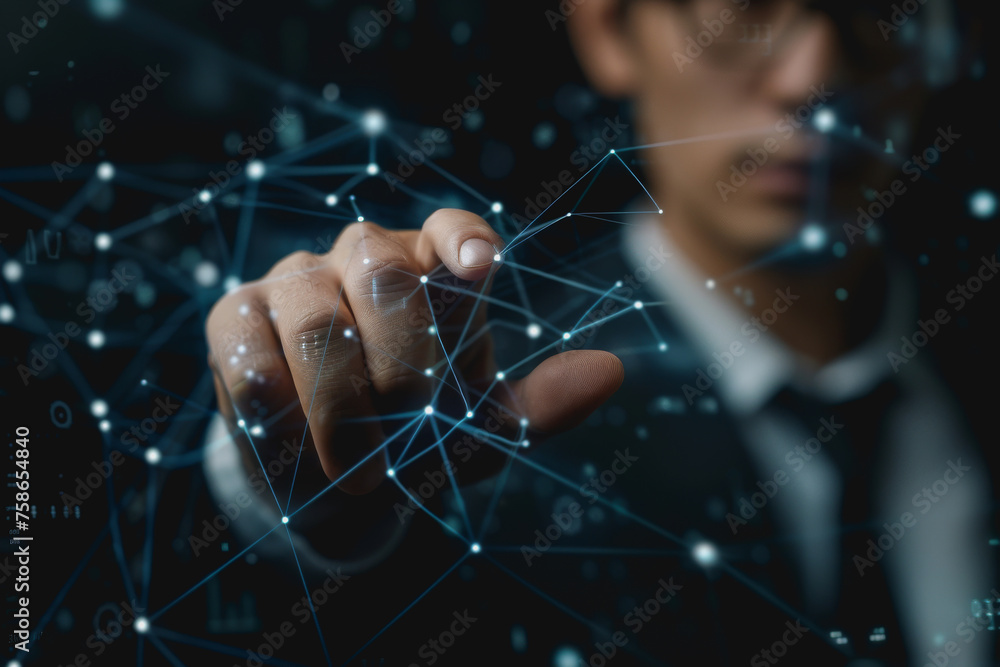 Poster a businessman uses a touch to interact with a neural network abstract technology.