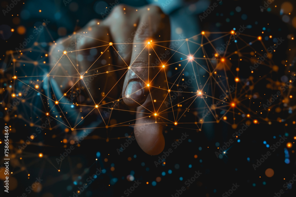 Poster a businessman uses a touch to interact with a neural network abstract technology.