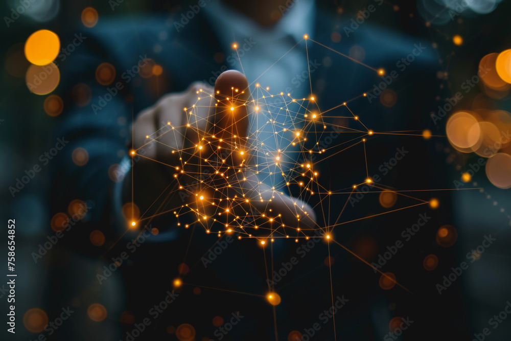 Poster a businessman uses a touch to interact with a neural network abstract technology.