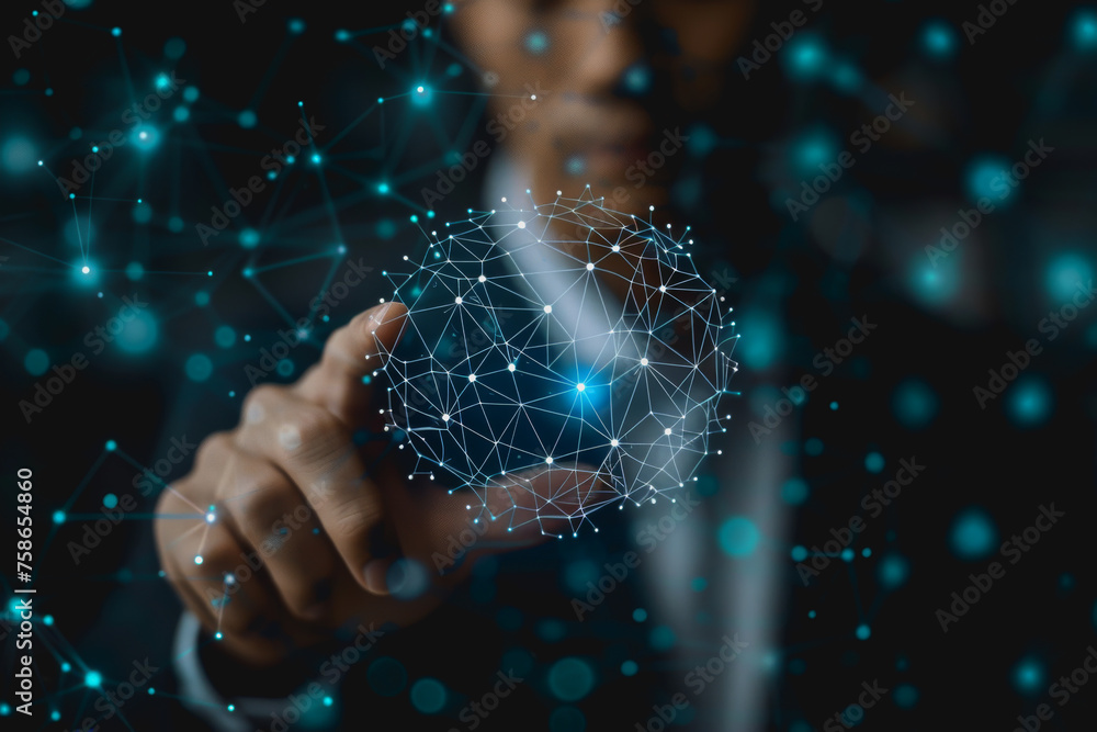 Poster a businessman uses a touch to interact with a neural network abstract technology.