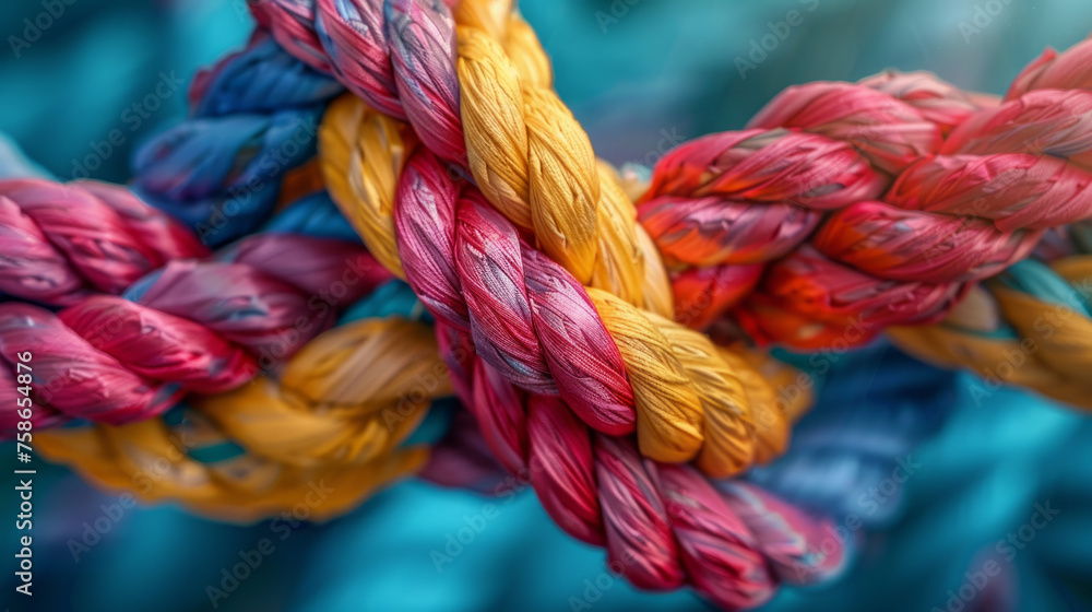 Poster close-up of colorful intertwined ropes showcasing a variety of rich textures and intricate twists ag