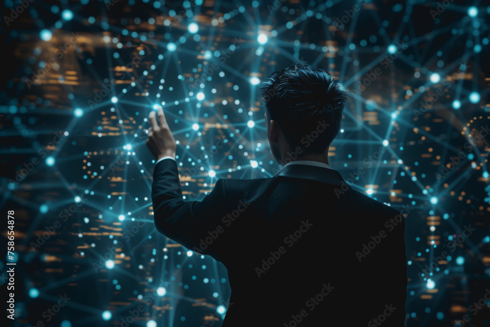Poster a businessman uses a touch to interact with a neural network abstract technology.