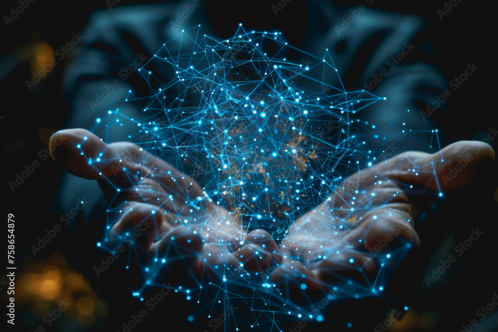 Poster a businessman uses a touch to interact with a neural network abstract technology.