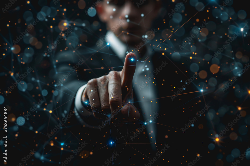 Poster a businessman uses a touch to interact with a neural network abstract technology.