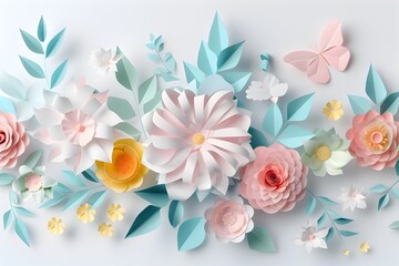 3D Paper Cut Spring Flowers in Pastel Colors Adorn a White Background