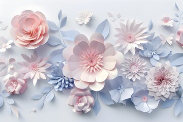 Abstract Cut Paper Floral Pattern Design with Pastel Colored Roses, Daisies, and Dahlias Featuring a Butterfly