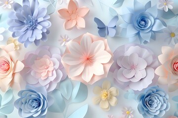 3D Paper Cut Style Pastel Blue and Pink Flowers with Butterfly on White Background