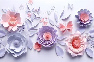 3D Paper Cut Style Pastel Flower and Butterfly Arrangement on White Background